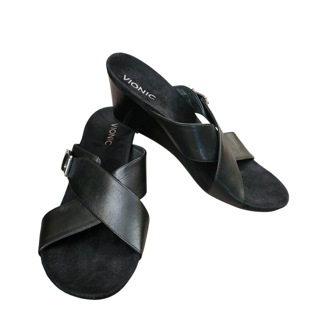 Vionic Libbie Black Leather Wedge Sandals Womens 10 Orthaheel Slide Buckle